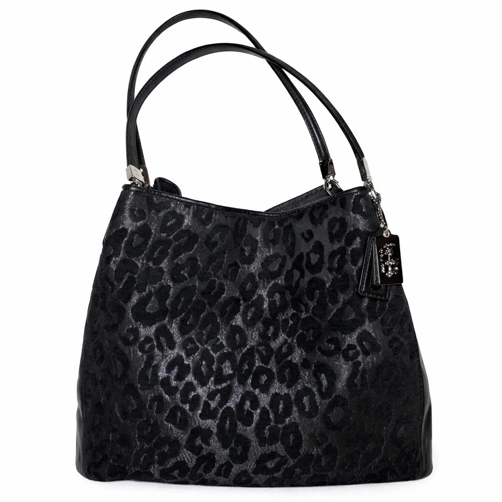 SOLDCoach Madison Phoebe Shoulder Bag Black Ocelot Leopard Print Chenille Leathe - Picture 1 of 13